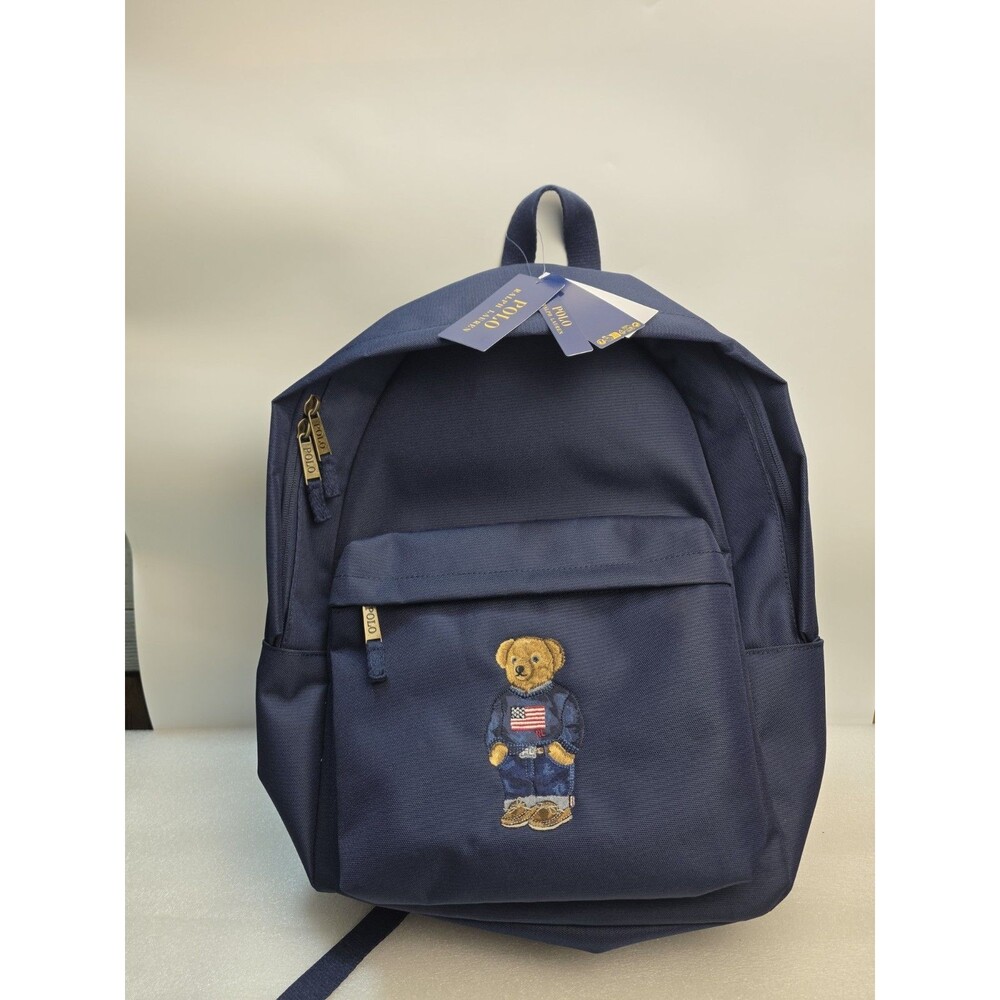Polo Ralph Lauren Backpack Full Size Laptop USA FLAG Navy Blue Bear School Bag